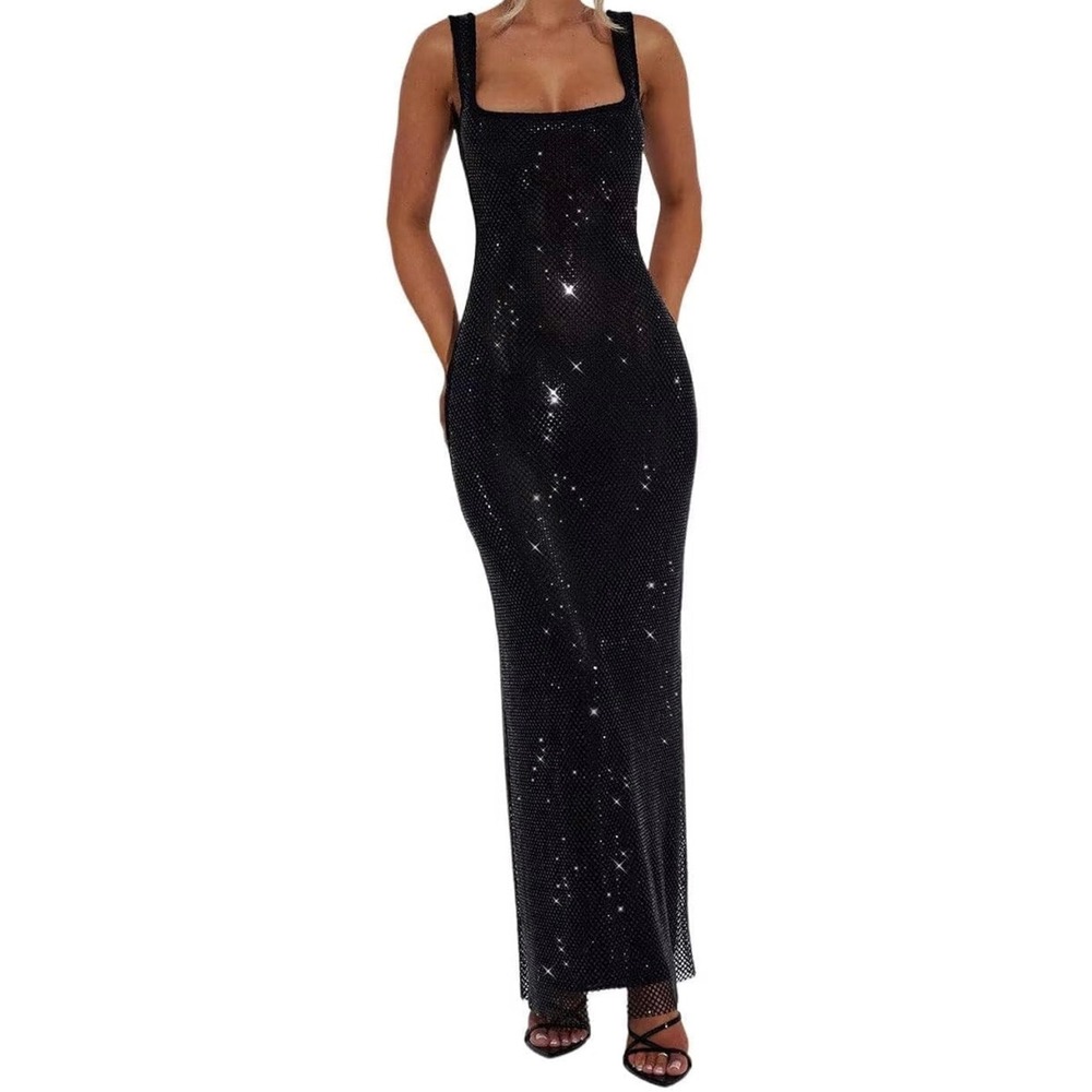Black Rhinestone Mesh Maxi Dress‎ Square Neck Deep Scoop Back Formal Gown New